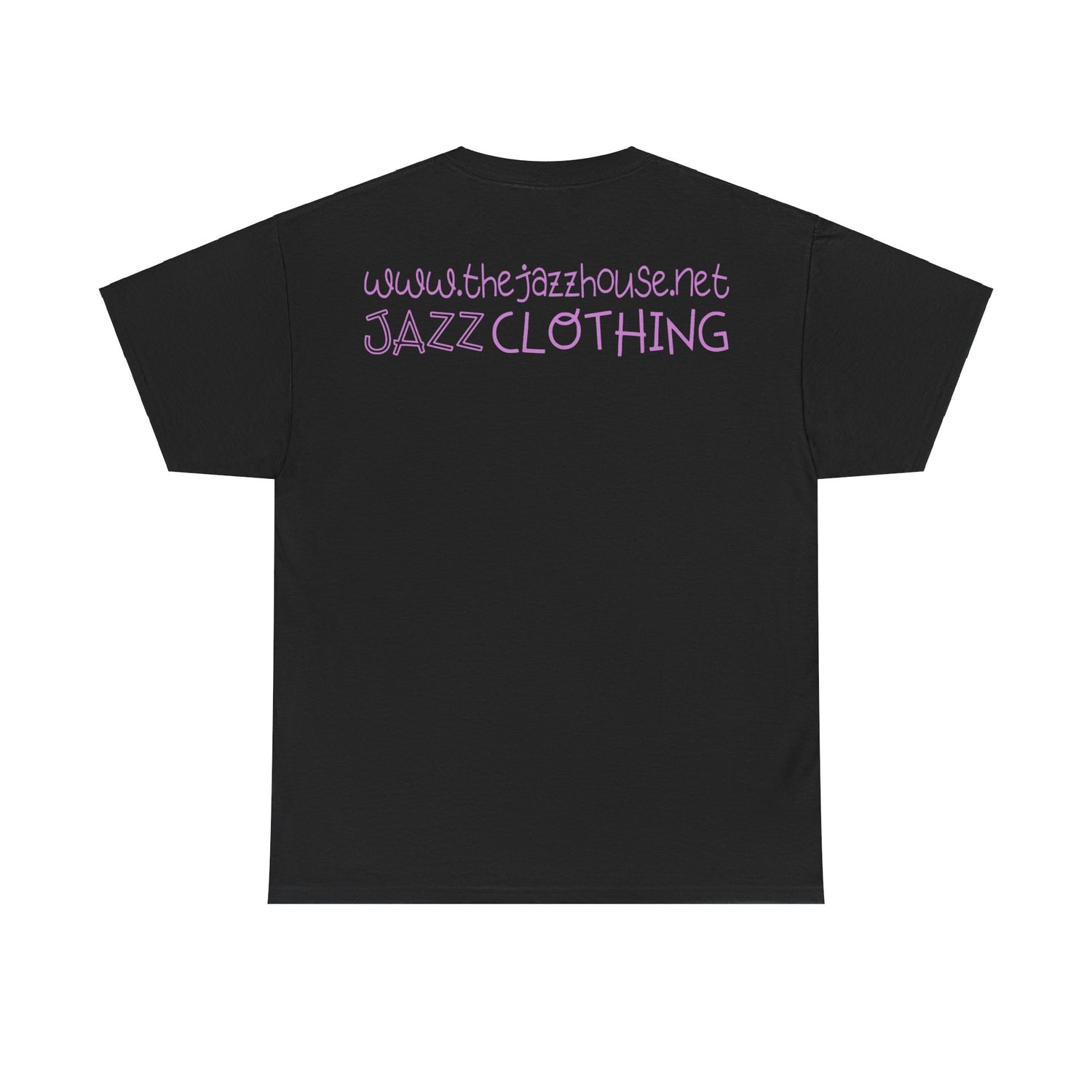 A t-shirt featuring ‘The Jazz House’ logo image of a trumpeter leaning against the wall of The Jazz House club playing, whilst purple smoke rises from his instrument. The scene is set in a dimly lit alley. The rear of the shirt has the website URL with the words ‘Jazz Clothing.’