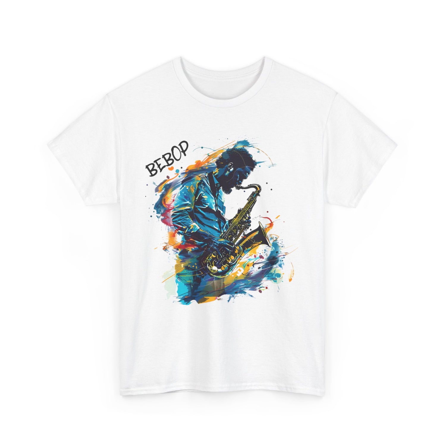 A white t shirt with a sax player image. The word ‘Bebop’ is incorporated into the image.