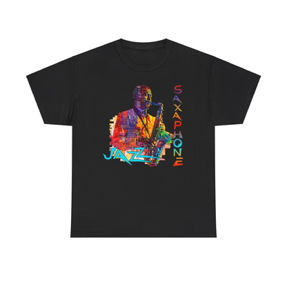 A black t shirt with a saxophone player image in multiple colors. The font is manipulated and says ‘Jazz Saxophone’