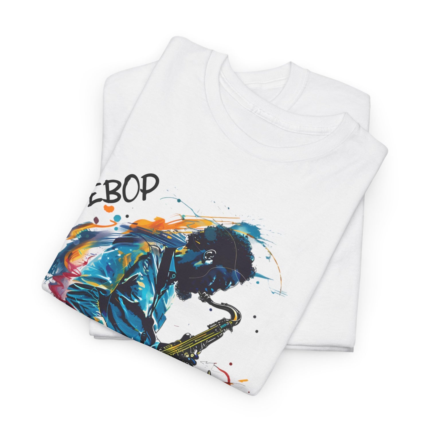 A white t shirt with a sax player image. The word ‘Bebop’ is incorporated into the image.