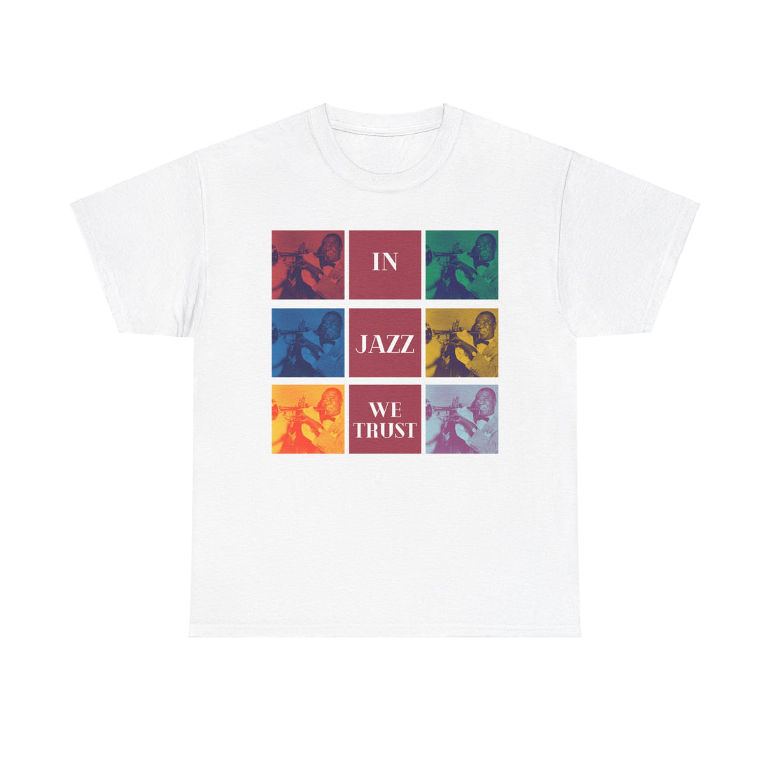 A black or white t shirt with 9 different colored squares with each one containing the same Louis Armstrong Image. The text states ’In Jazz We Trust’