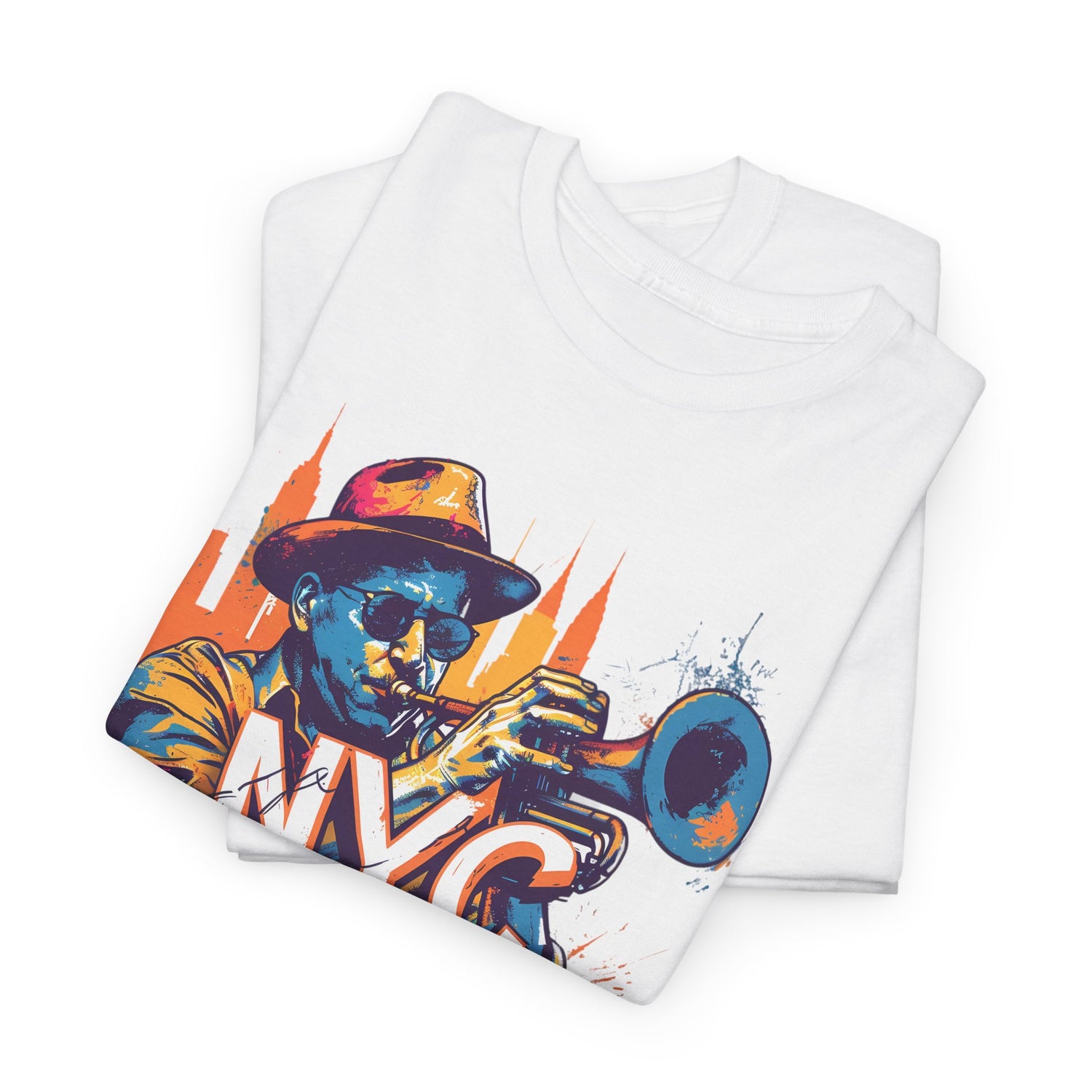 A black or white t shirt with a caricature of a trumpet player with the words ‘NYC JAZZ’ across the design