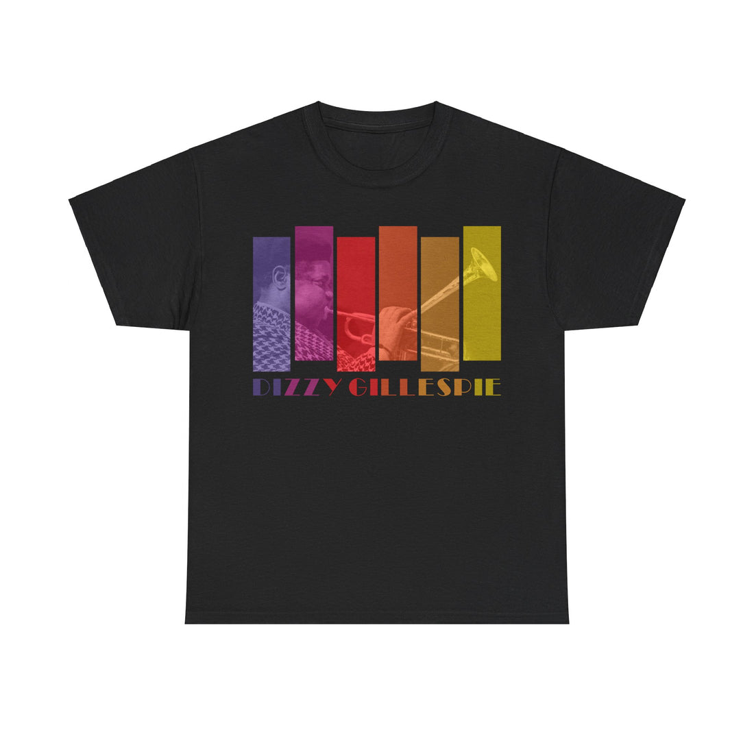 A black t shirt with the image of Dizzy Gillespie transposed into multi colored blocks with his name underneath.