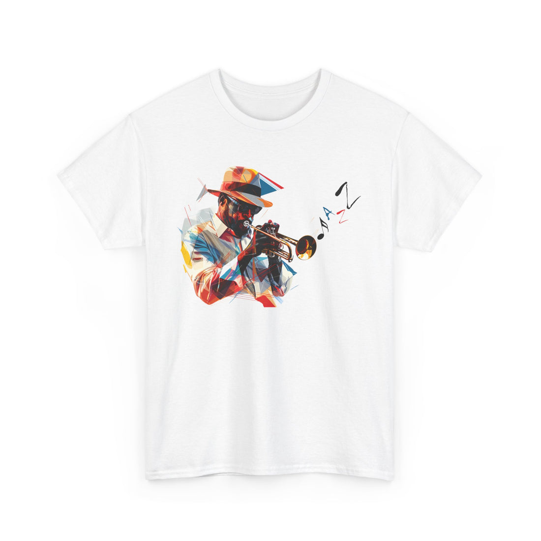 A white t shirt with the image depicting a trumpet player. The word ‘Jazz’ emanates from the trumpet as notes.