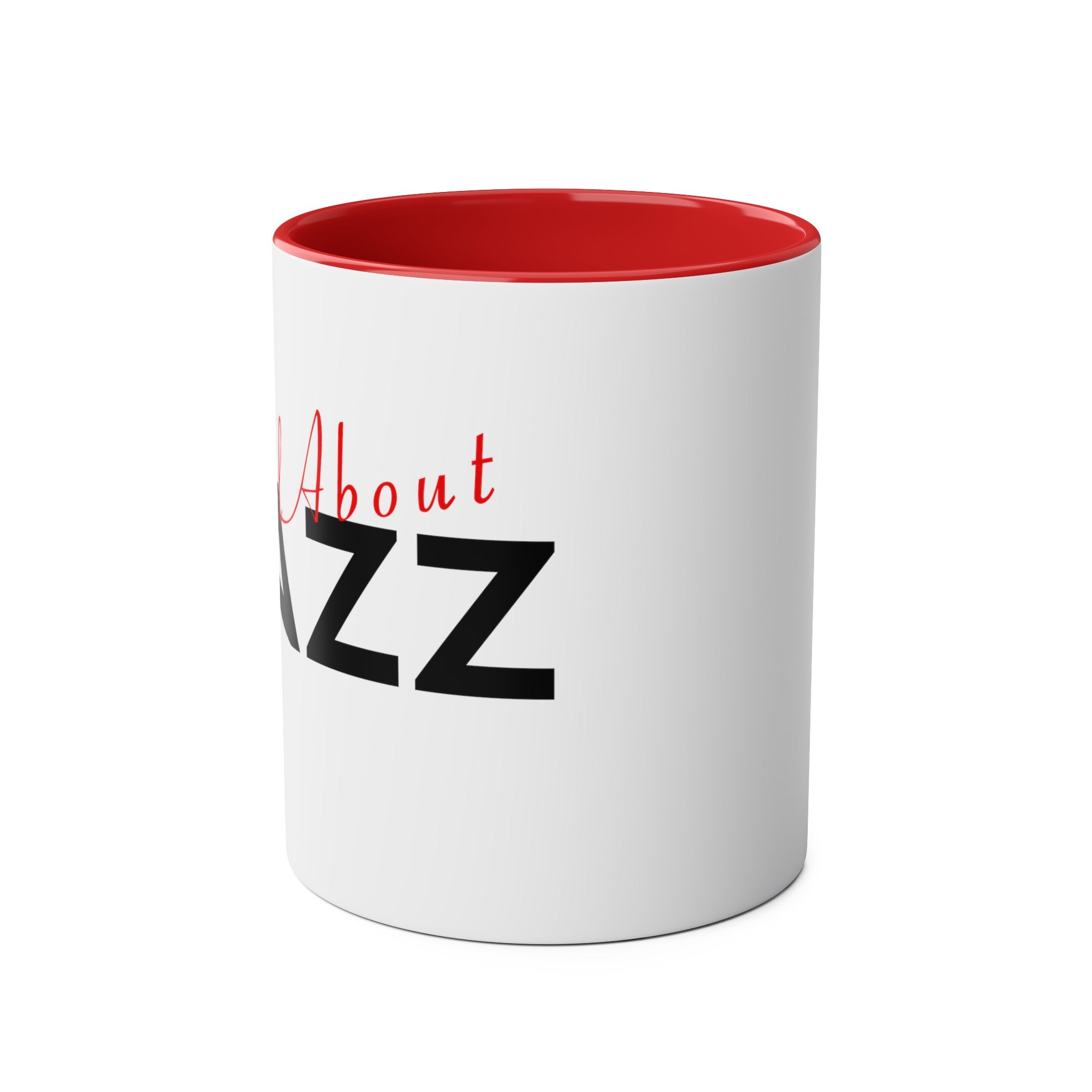 A white coffee mug with text saying ‘All About JAZZ’