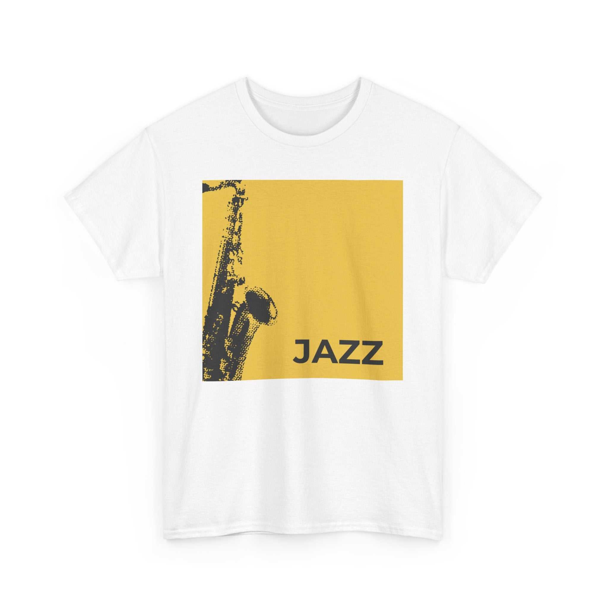 A black or white t shirt with a saxophone design on a light brown square background and the word ‘JAZZ’ emblazoned at the bottom