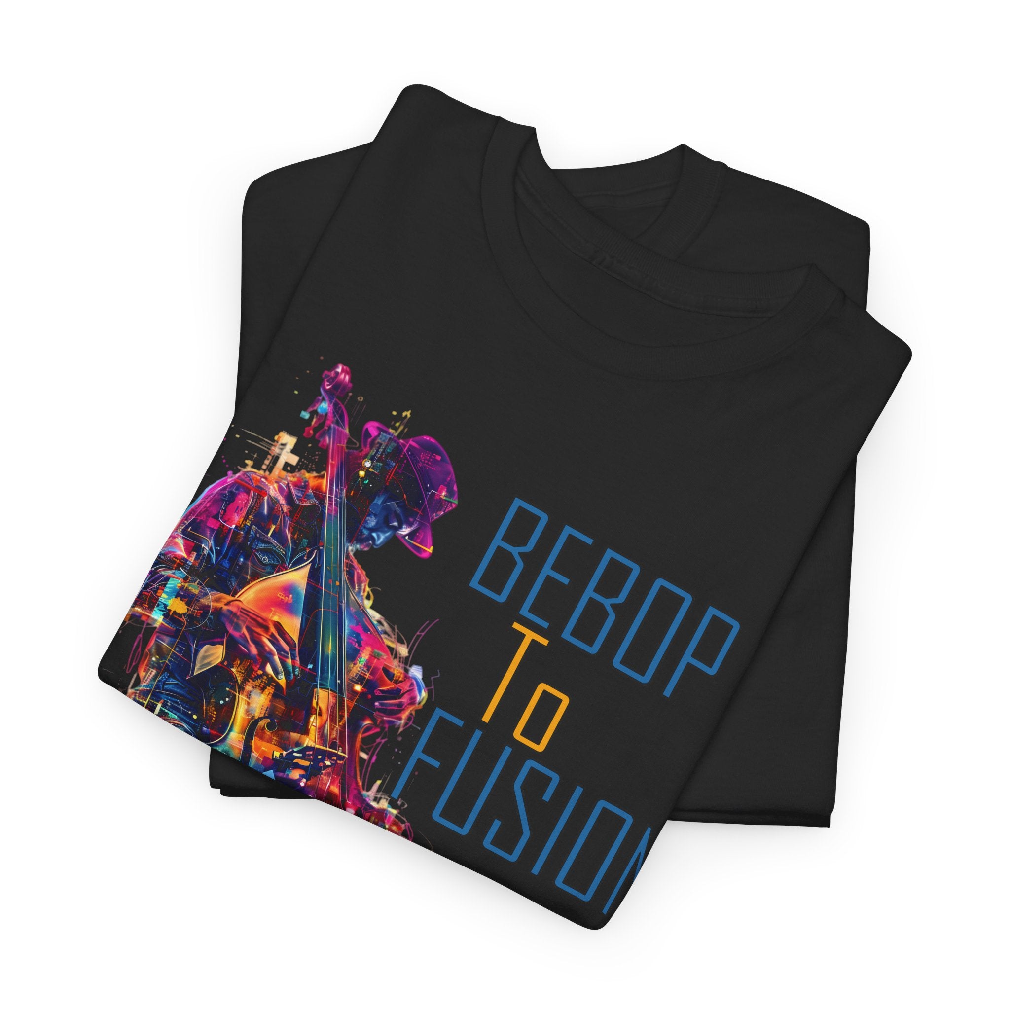 A black or white t shirt with an upright bass player image. The text states ‘From Bebop to Fusion, Jazz’