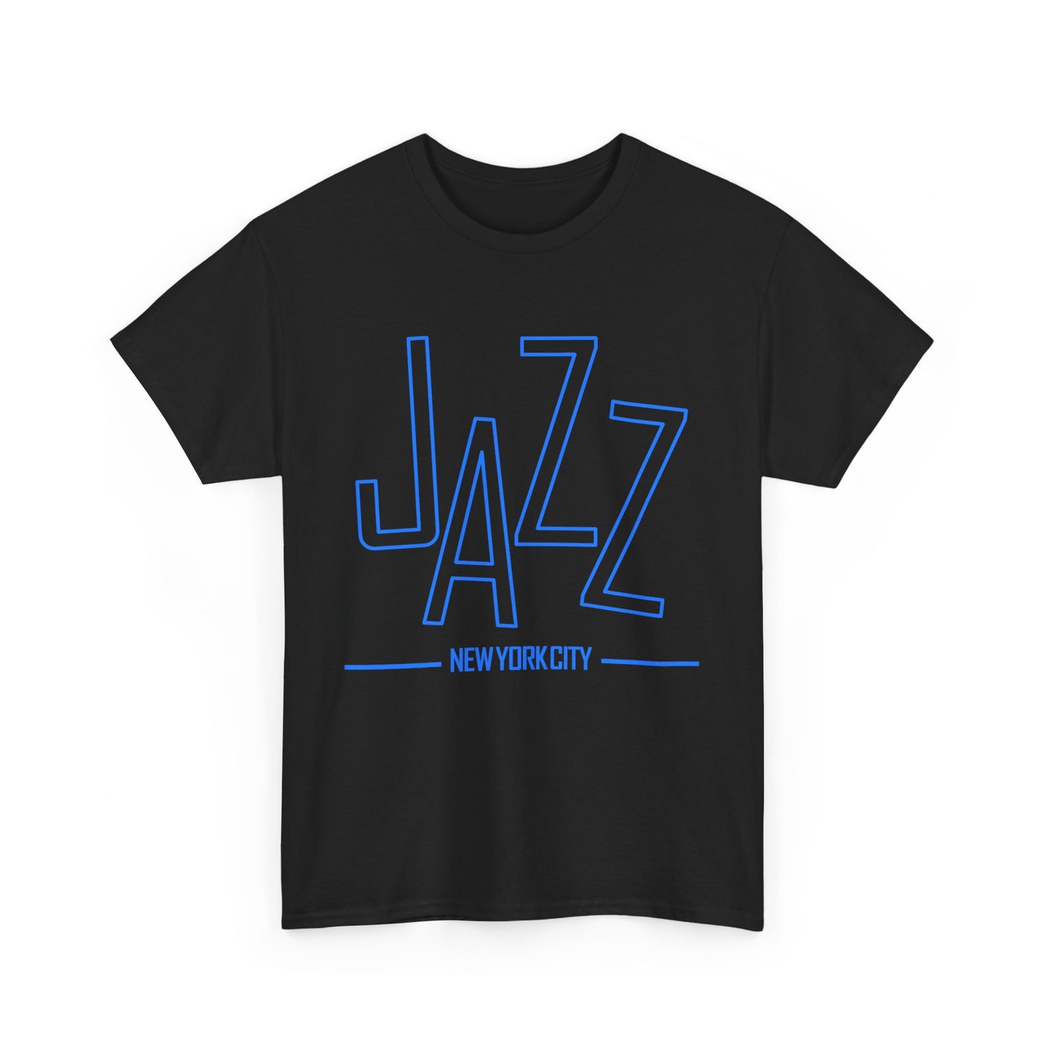 A black or white t shirt saying ‘JAZZ New York City’ in blue text