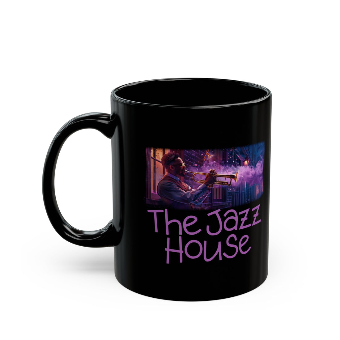 A coffee mug featuring ‘The Jazz House’ logo image of a trumpeter leaning against the wall of The Jazz House club playing, whilst purple smoke rises from his instrument. The scene is set in a dimly lit alley. The rear of the mug has the website URL with the words ‘Jazz Clothing.’