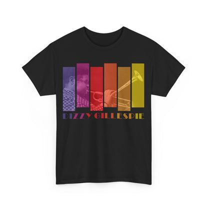 A black t shirt with the image of Dizzy Gillespie transposed into multi colored blocks with his name underneath.