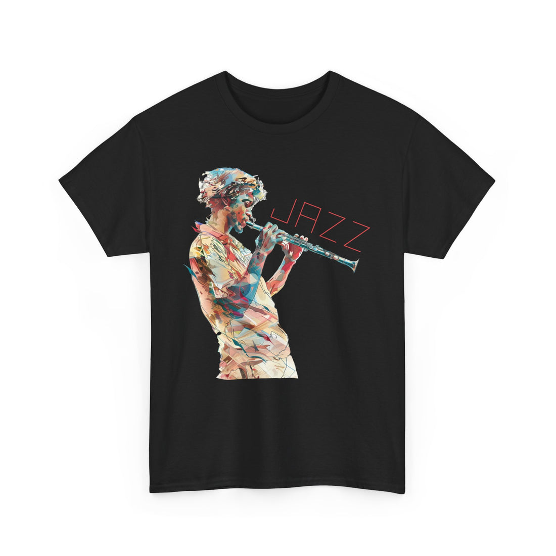 An image of a jazz clarinet player on a black t shirt.