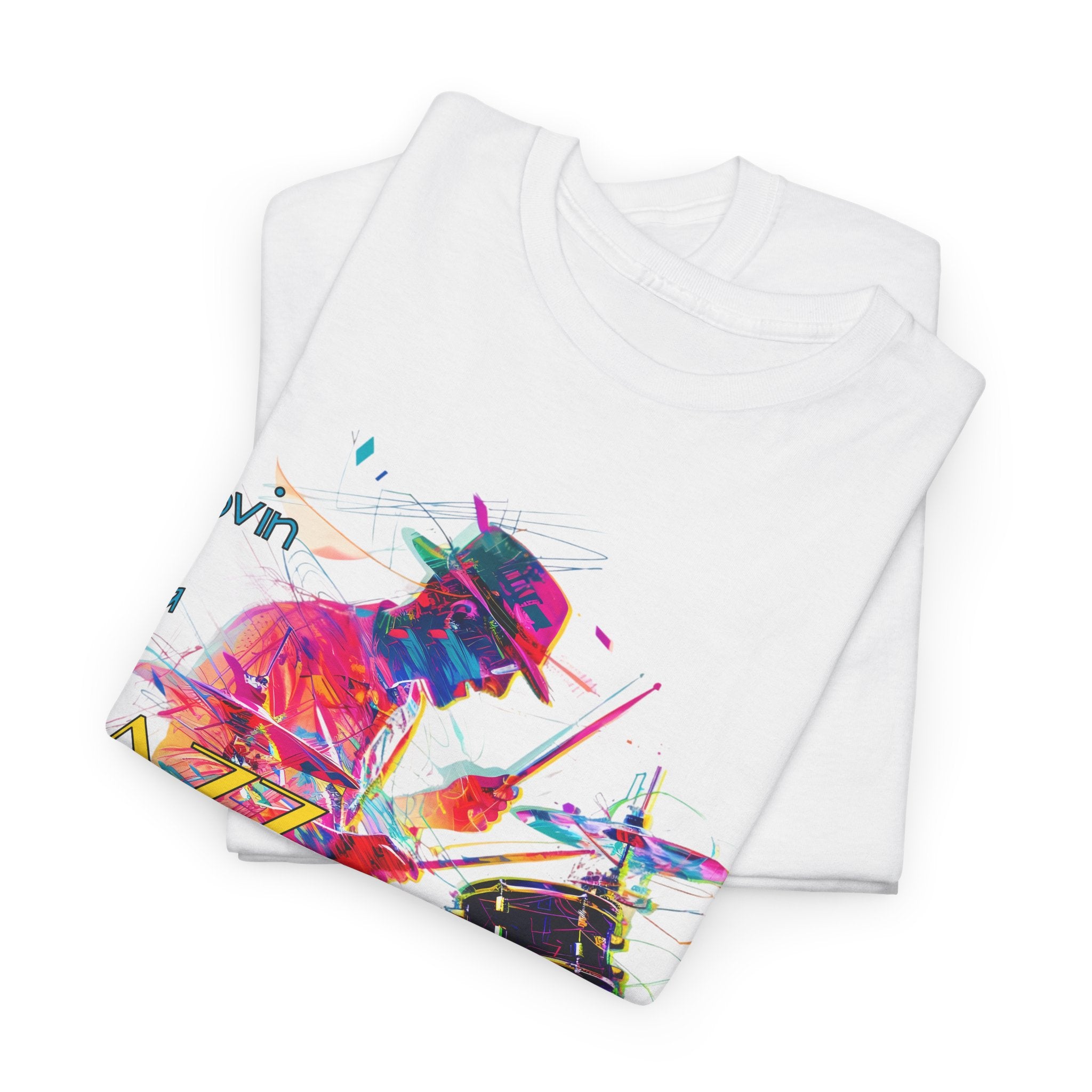 A black or white t shirt with an image of a jazz drummer in vibrant colors. The accompanying text states ‘Lovin a Jazz Beat’