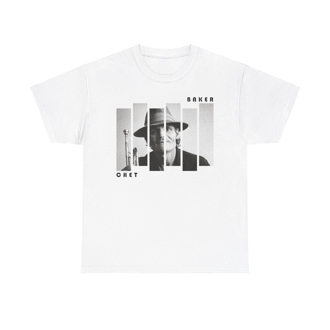 A white t shirt with a block photographic image of Chet Baker