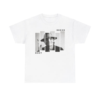 A white t shirt with a block photographic image of Chet Baker 