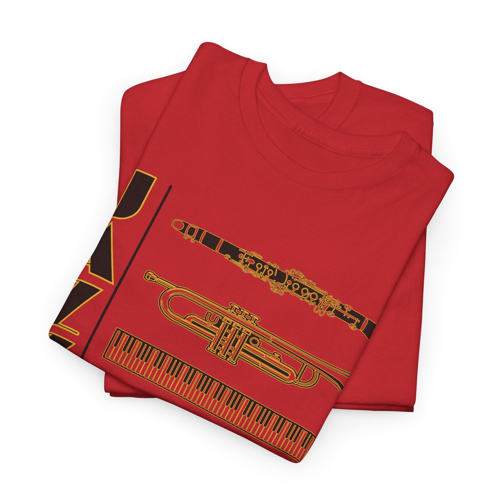 Jazz musical instruments t shirt in various colors with text saying ‘JAZZ’