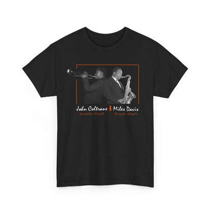 A black tee shirt with a photographic image of Miles Davis &amp; John Coltrane