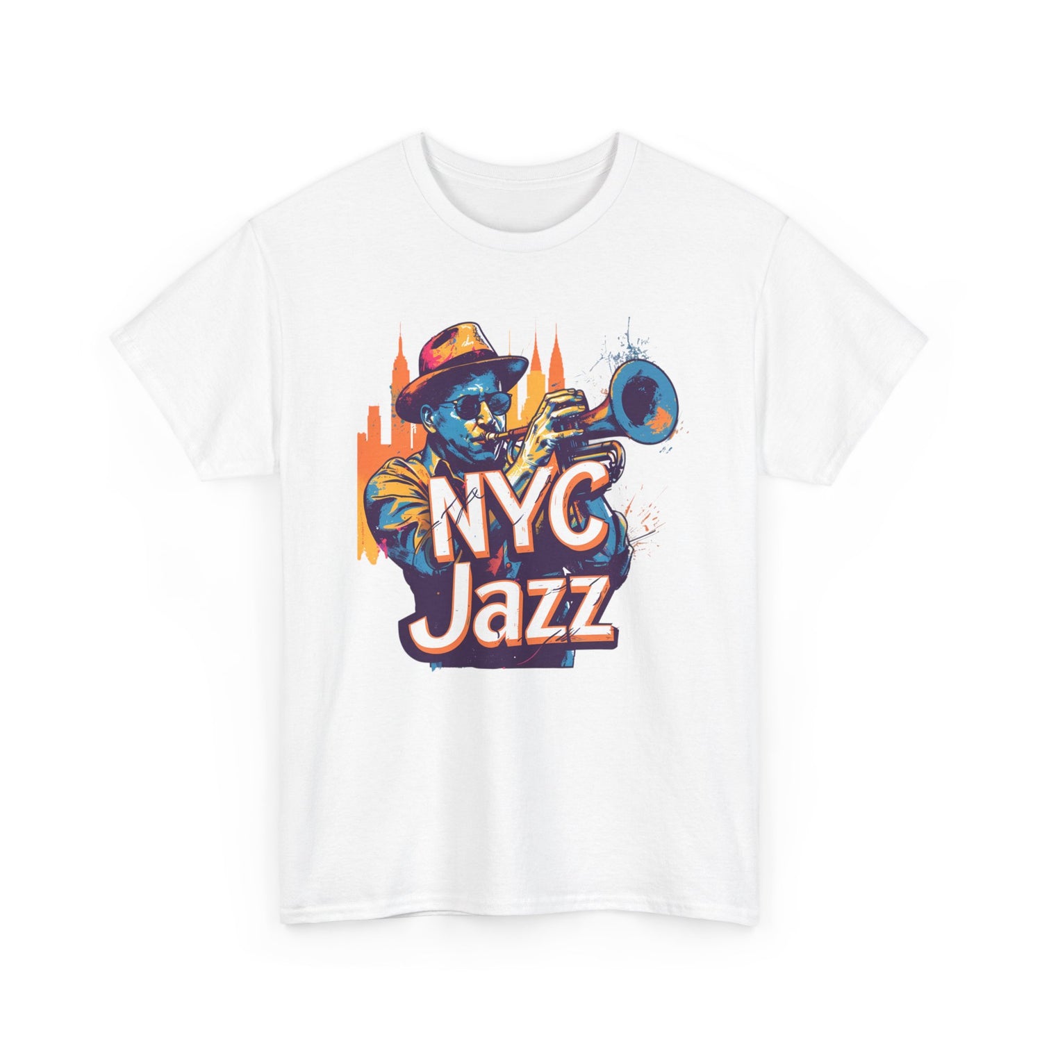 A black or white t shirt with a caricature of a trumpet player with the words ‘NYC JAZZ’ across the design