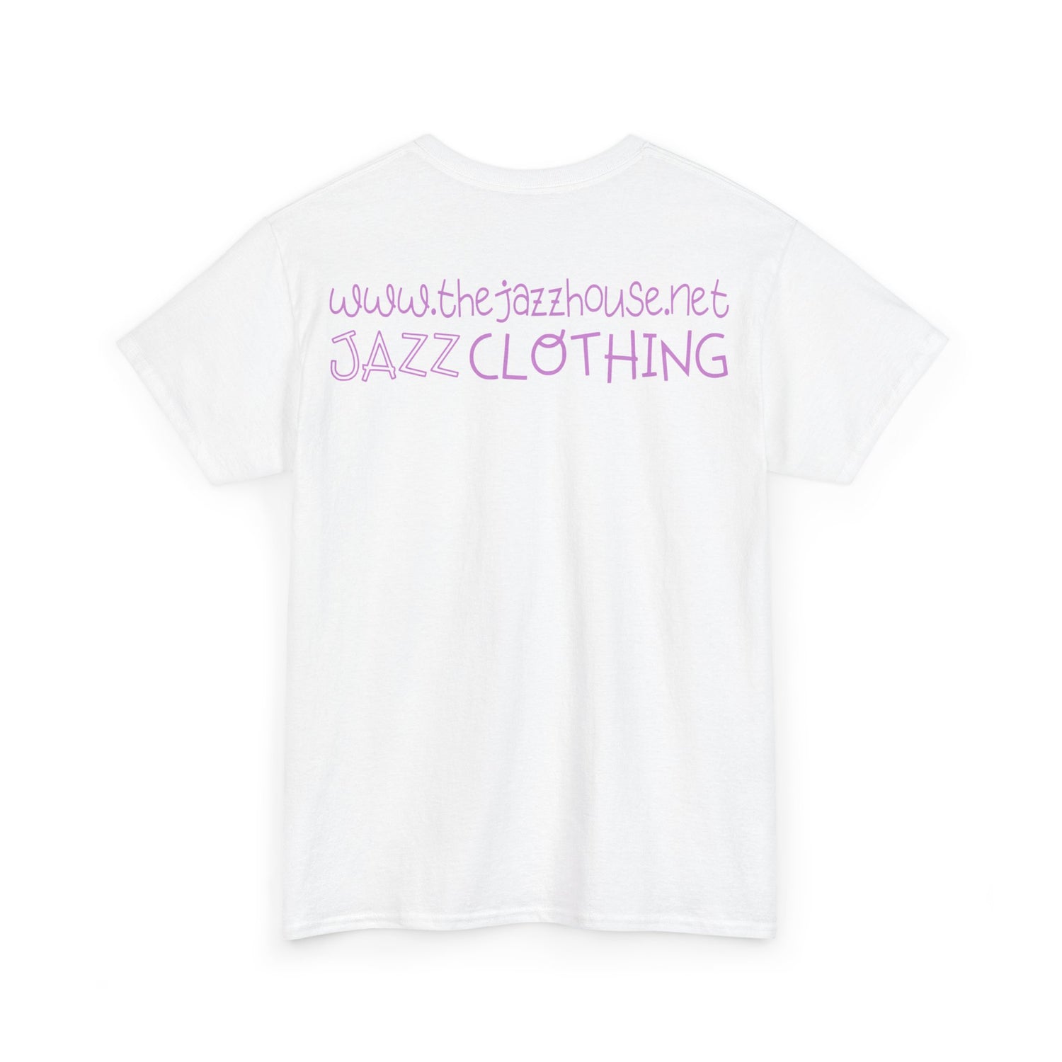 A t-shirt featuring ‘The Jazz House’ logo image of a trumpeter leaning against the wall of The Jazz House club playing, whilst purple smoke rises from his instrument. The scene is set in a dimly lit alley. The rear of the shirt has the website URL with the words ‘Jazz Clothing.’