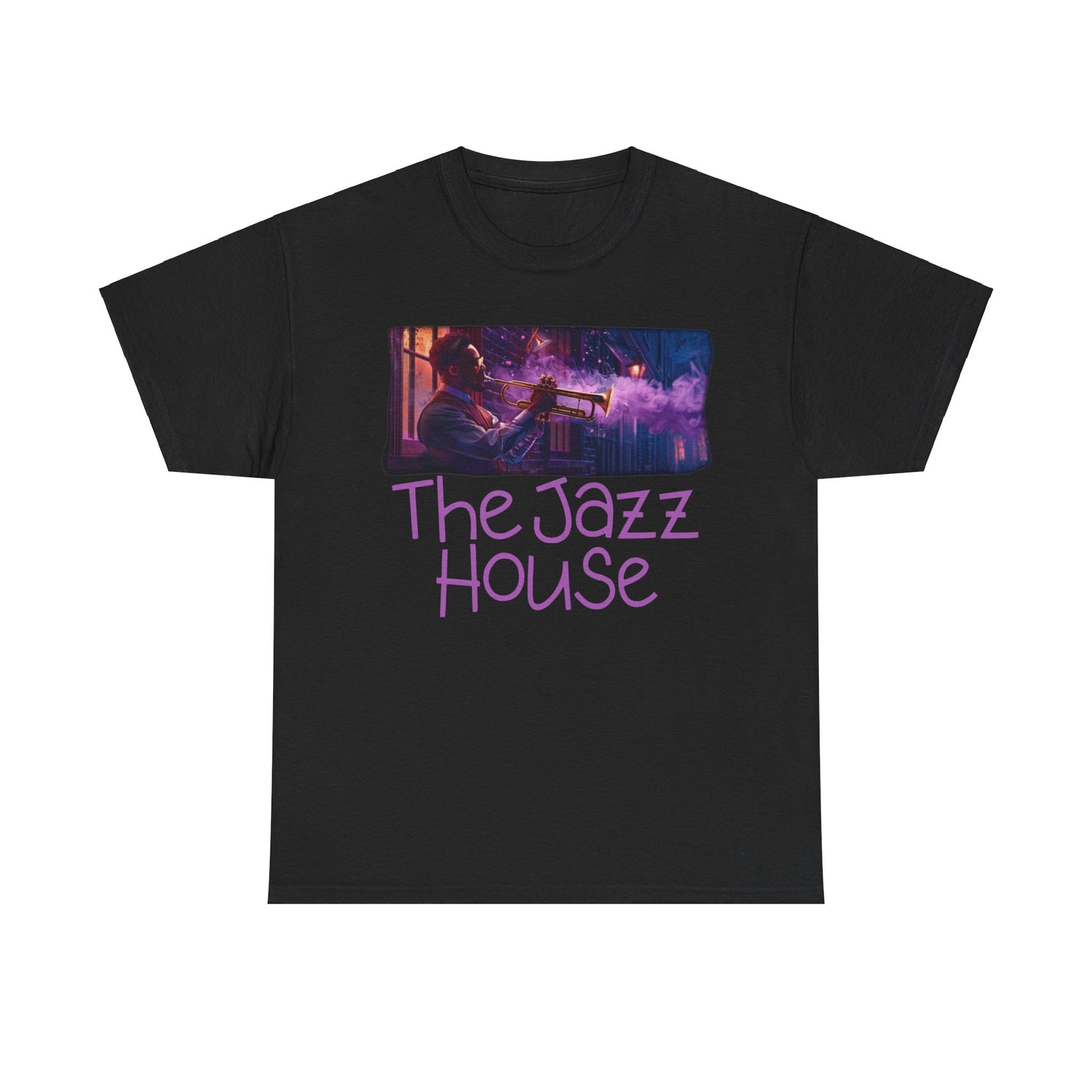 A t-shirt featuring ‘The Jazz House’ logo image of a trumpeter leaning against the wall of The Jazz House club playing, whilst purple smoke rises from his instrument. The scene is set in a dimly lit alley. The rear of the shirt has the website URL with the words ‘Jazz Clothing.’