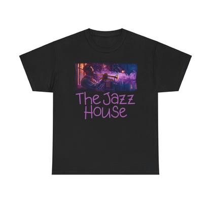 A t-shirt featuring ‘The Jazz House’ logo image of a trumpeter leaning against the wall of The Jazz House club playing, whilst purple smoke rises from his instrument. The scene is set in a dimly lit alley. The rear of the shirt has the website URL with the words ‘Jazz Clothing.’