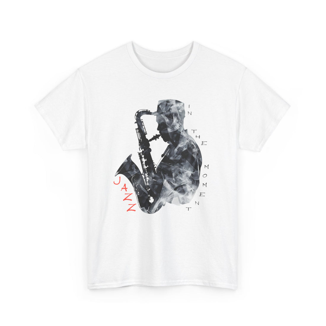 A black and white image of a saxophone player with the words ‘Jazz, In The Moment’ surrounding the image.