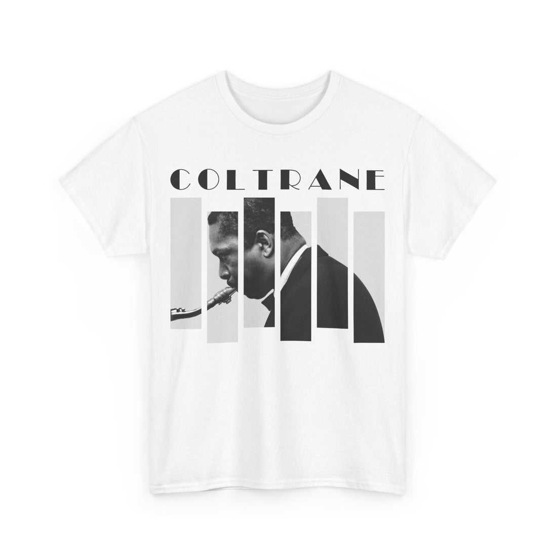 Graphic t-shirt featuring a side view photograph of John Coltrane playing his saxophone, split into blocks with the artist&