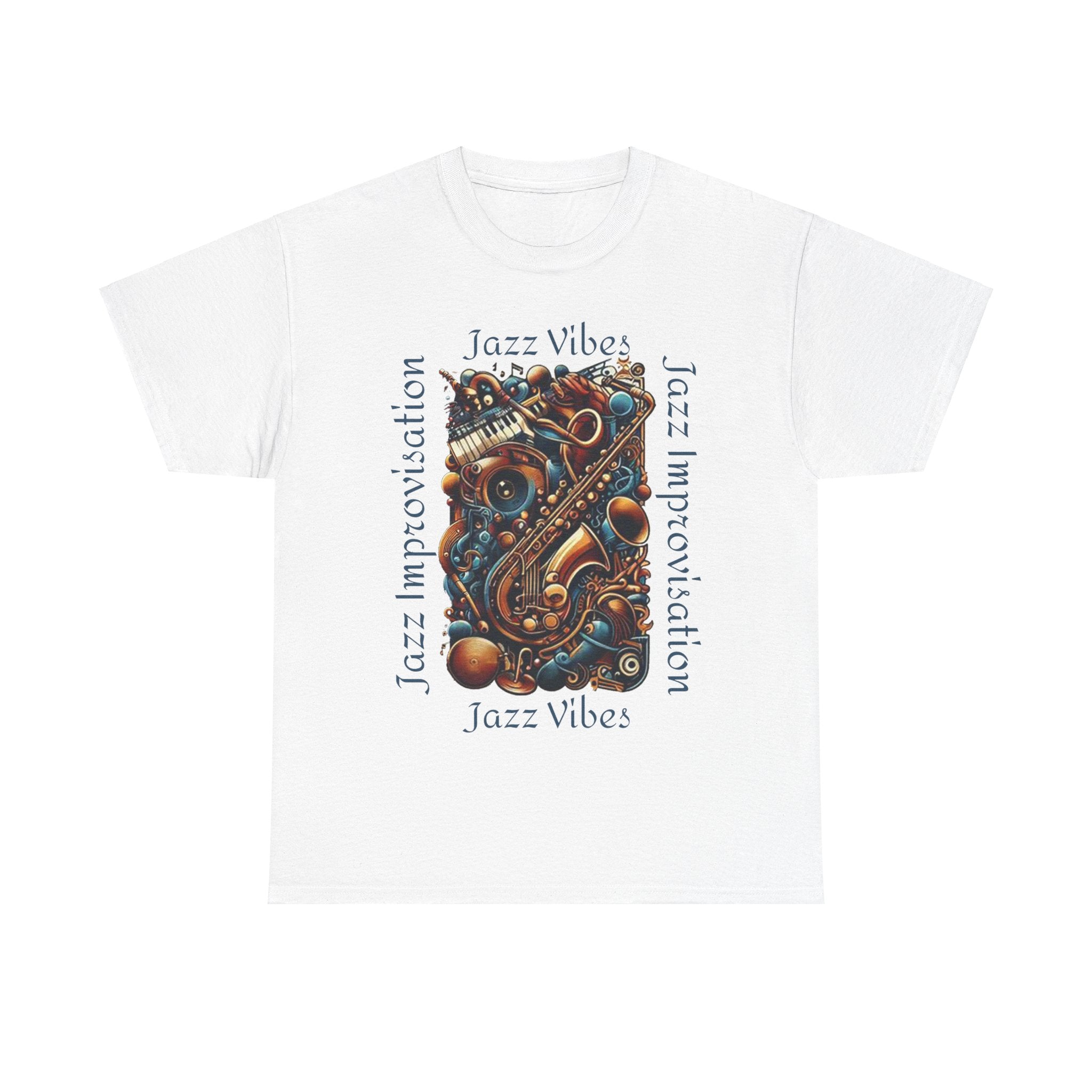 A white t shirt with an abstract jazz music design highlighting a sax and keyboards. The text states ‘Jazz Vibes, Jazz Improvisation.