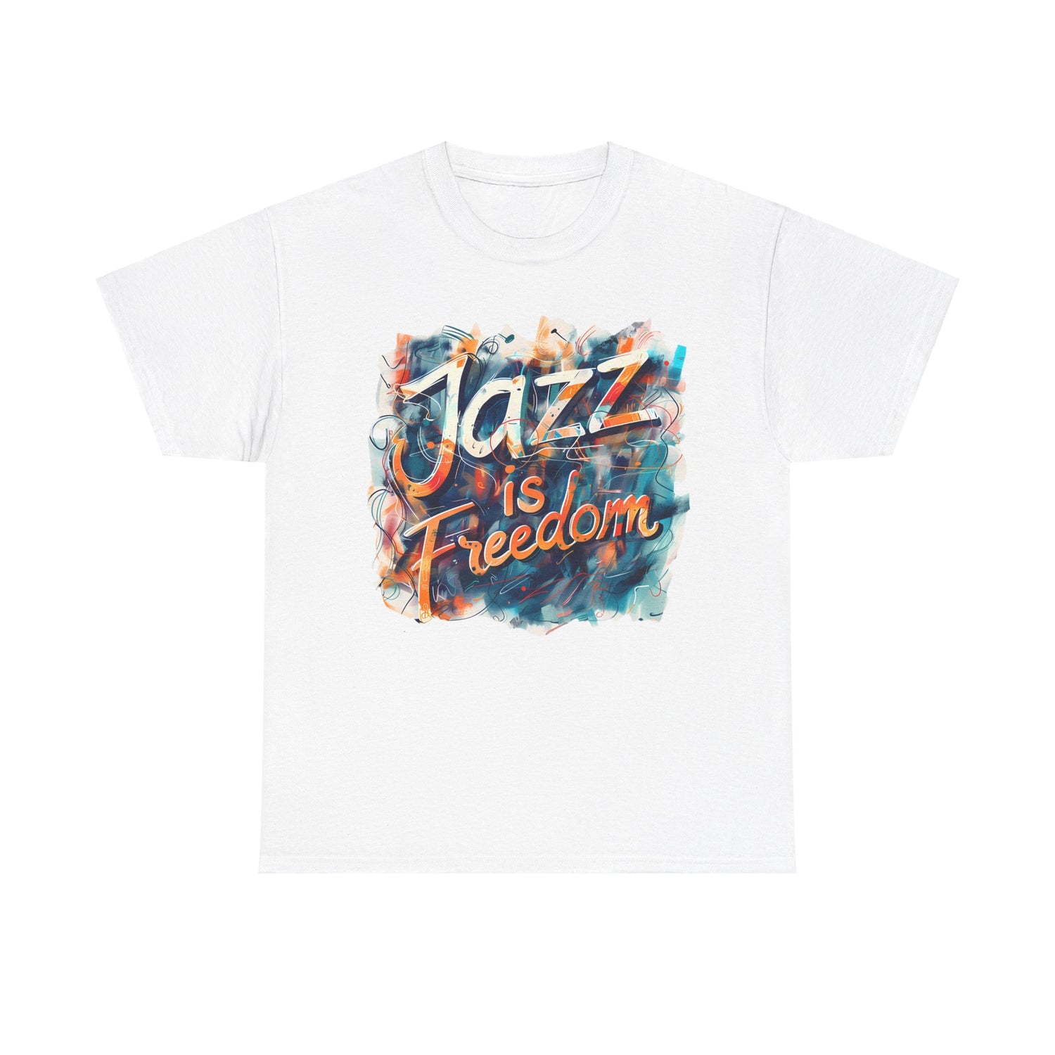 A black or white t shirt with an abstract multi colored design saying ‘Jazz Is Freedom’