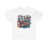 A black or white t shirt with an abstract multi colored design saying ‘Jazz Is Freedom’