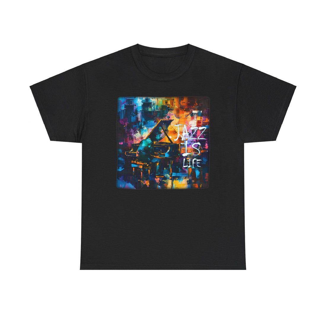 A black t shirt with a painted image of a jazz pianist. The words ‘Jazz Is Life’ are embossed in the image