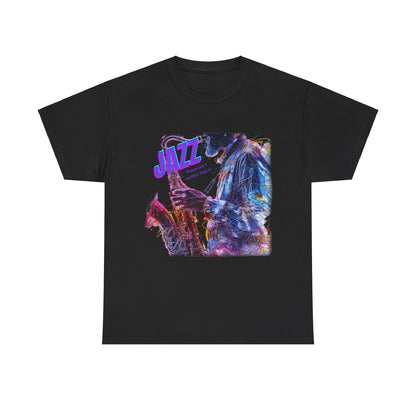 A black or white t shirt depicting a saxophone player in a multi colored design. The additional text states ‘JAZZ, There Ain’t Nothin’ Like It’