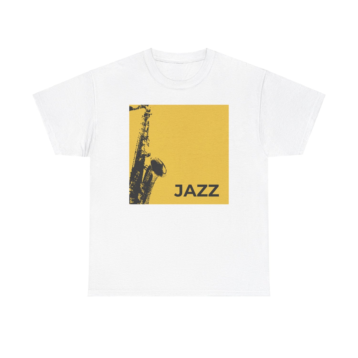 A black or white t shirt with a saxophone design on a light brown square background and the word ‘JAZZ’ emblazoned at the bottom