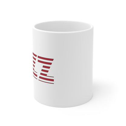 A white coffee mug with an American flag embossed into the word ‘JAZZ’ as the design image