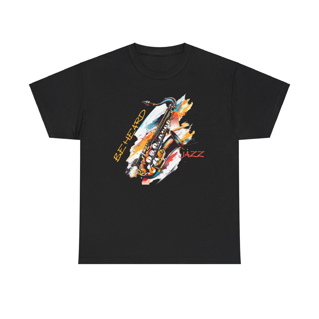 A black t shirt with a saxophone image. The words ‘Jazz, Be heard’ surround the image.