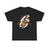 A black t shirt with a saxophone image. The words ‘Jazz, Be heard’ surround the image.
