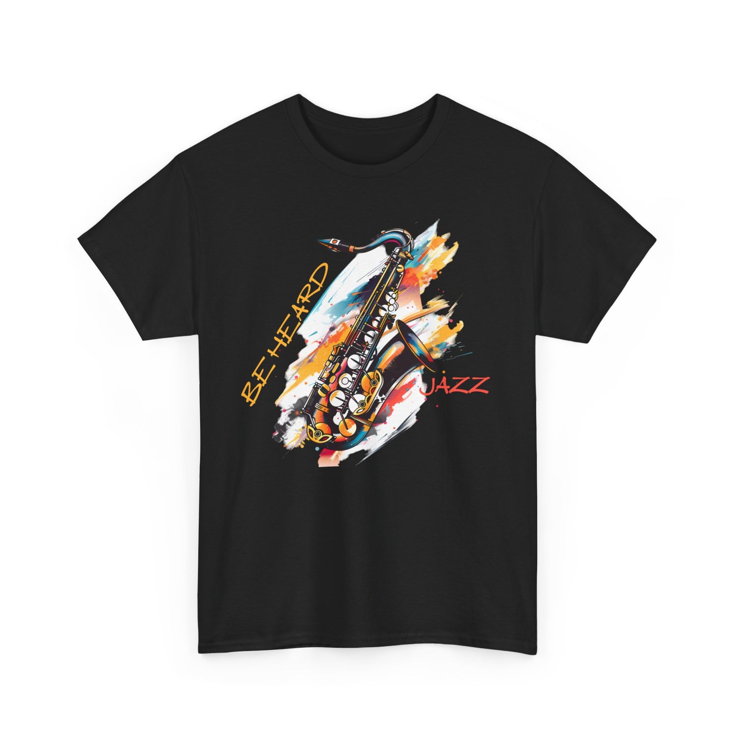 A black t shirt with a saxophone image. The words ‘Jazz, Be heard’ surround the image.
