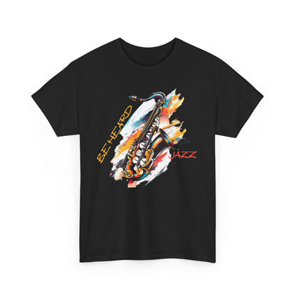 A black t shirt with a saxophone image. The words ‘Jazz, Be heard’ surround the image.