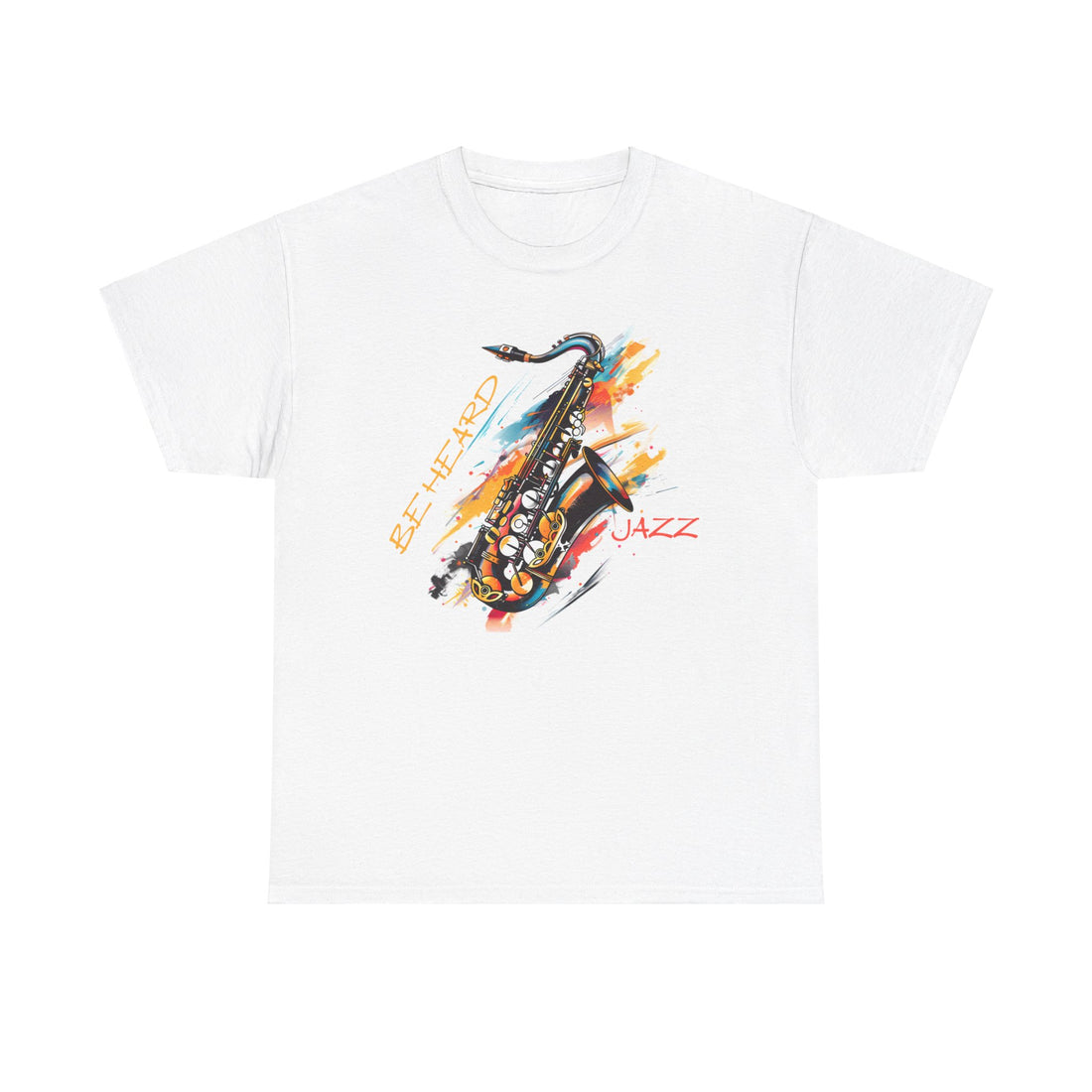 A white t shirt with a saxophone image. The words ‘Jazz, Be heard’ surround the image.