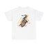 A white t shirt with a saxophone image. The words ‘Jazz, Be heard’ surround the image.