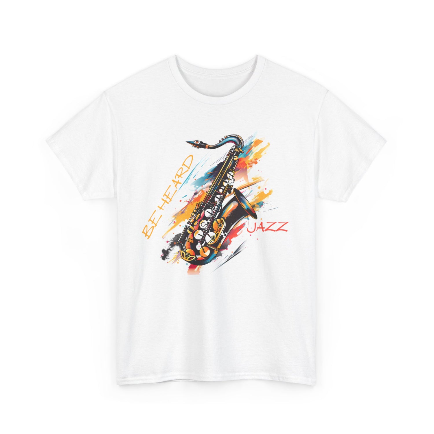 A white t shirt with a saxophone image. The words ‘Jazz, Be heard’ surround the image.
