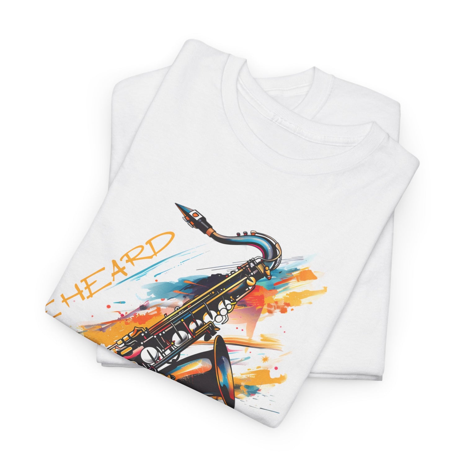 A white t shirt with a saxophone image. The words ‘Jazz, Be heard’ surround the image.