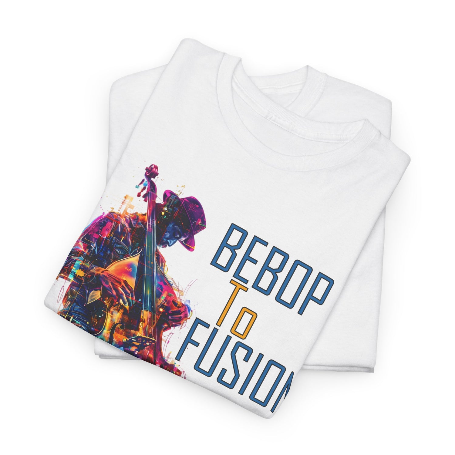 A white t shirt with an upright bass player image. The text states ‘From Bebop to Fusion, Jazz’