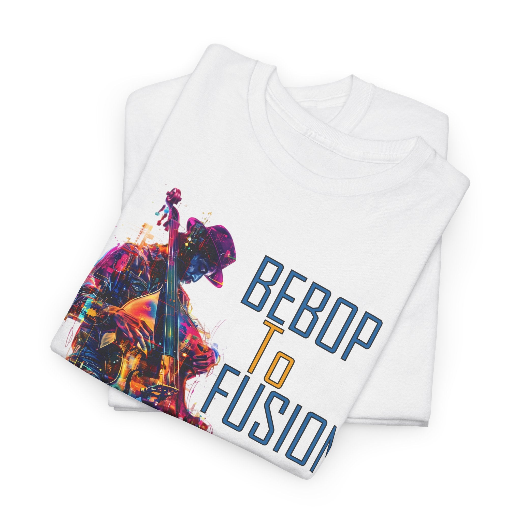 A white t shirt with an upright bass player image. The text states ‘From Bebop to Fusion, Jazz’