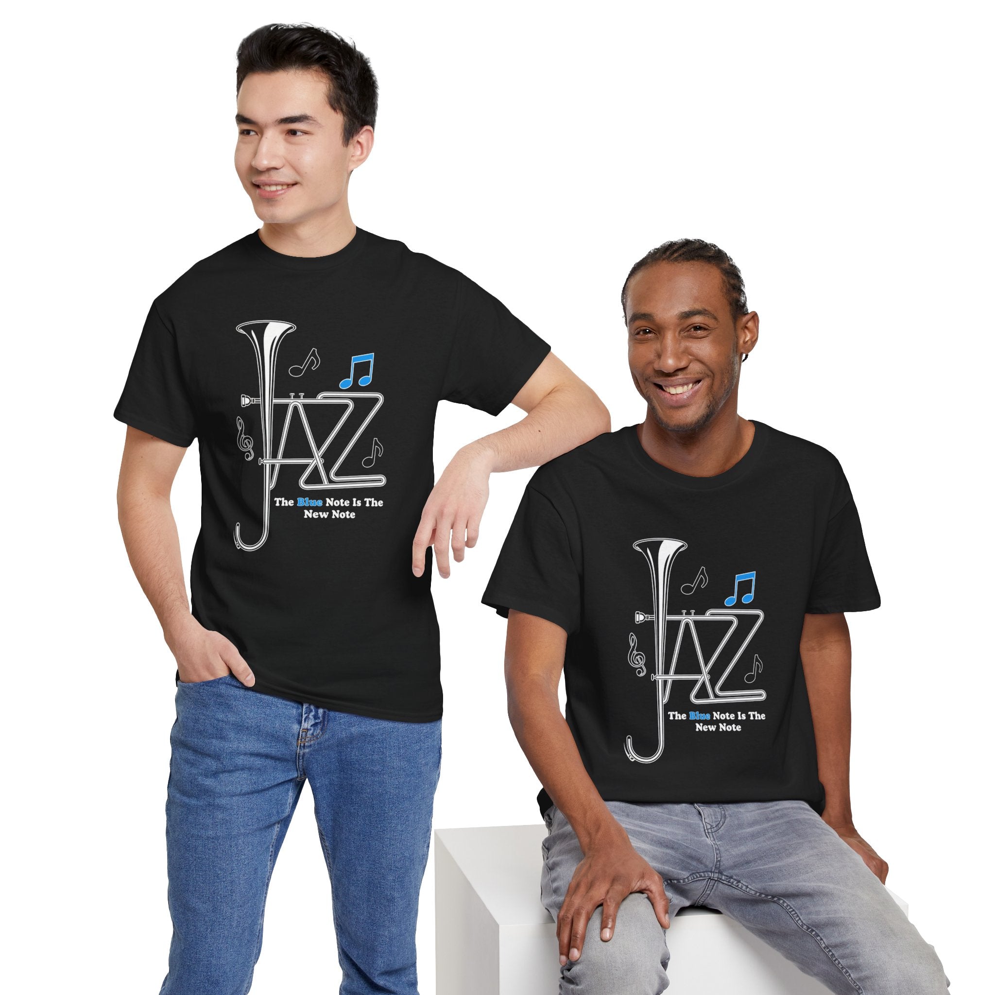 Two people wearing Blue Note Jazz t shirts with a graphic design on a white background