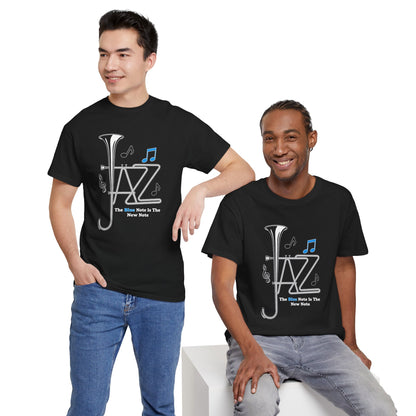 Two people wearing Blue Note Jazz t shirts with a graphic design on a white background