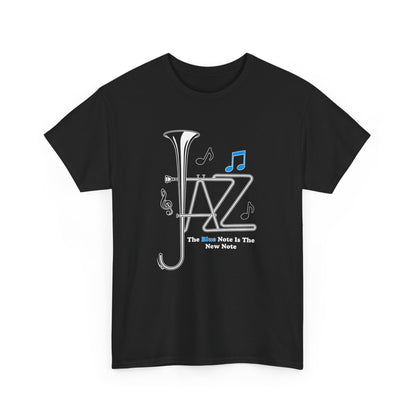 Black t-shirt with a jazz-themed graphic trumpet design 