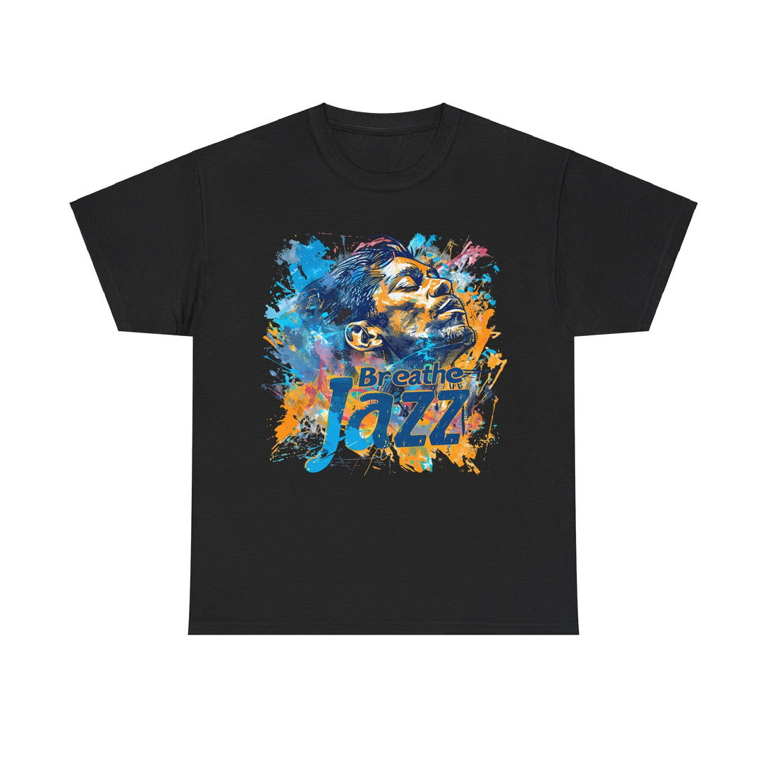 A black t shirt with a man looking to the sky with the words ‘Breathe Jazz’ embossed in the image.