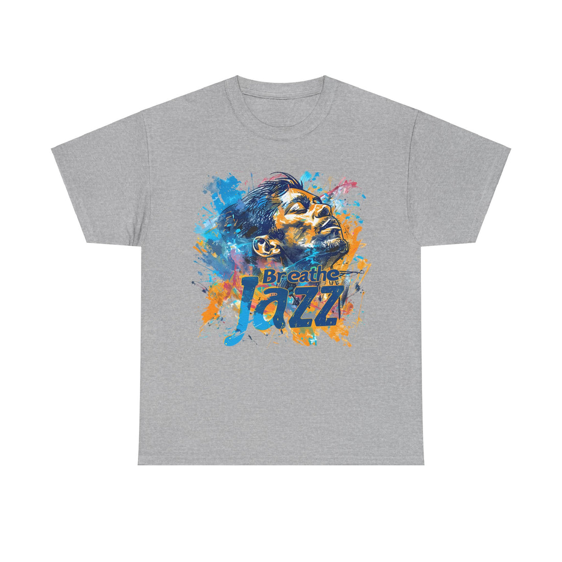 A grey t shirt with a man looking to the sky with the words ‘Breathe Jazz’ embossed in the design