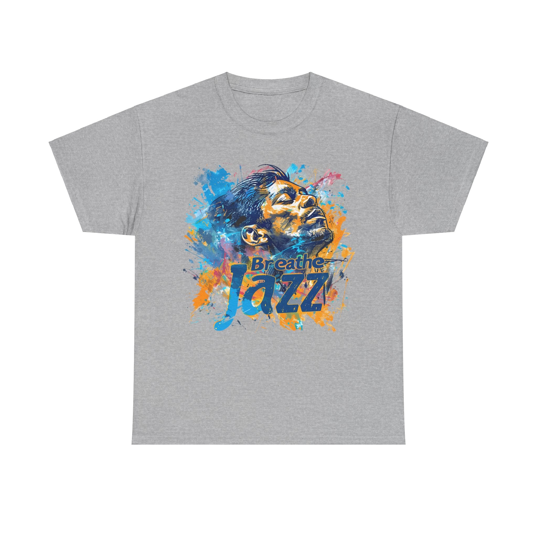 A grey t shirt with a man looking to the sky with the words ‘Breathe Jazz’ embossed in the  design