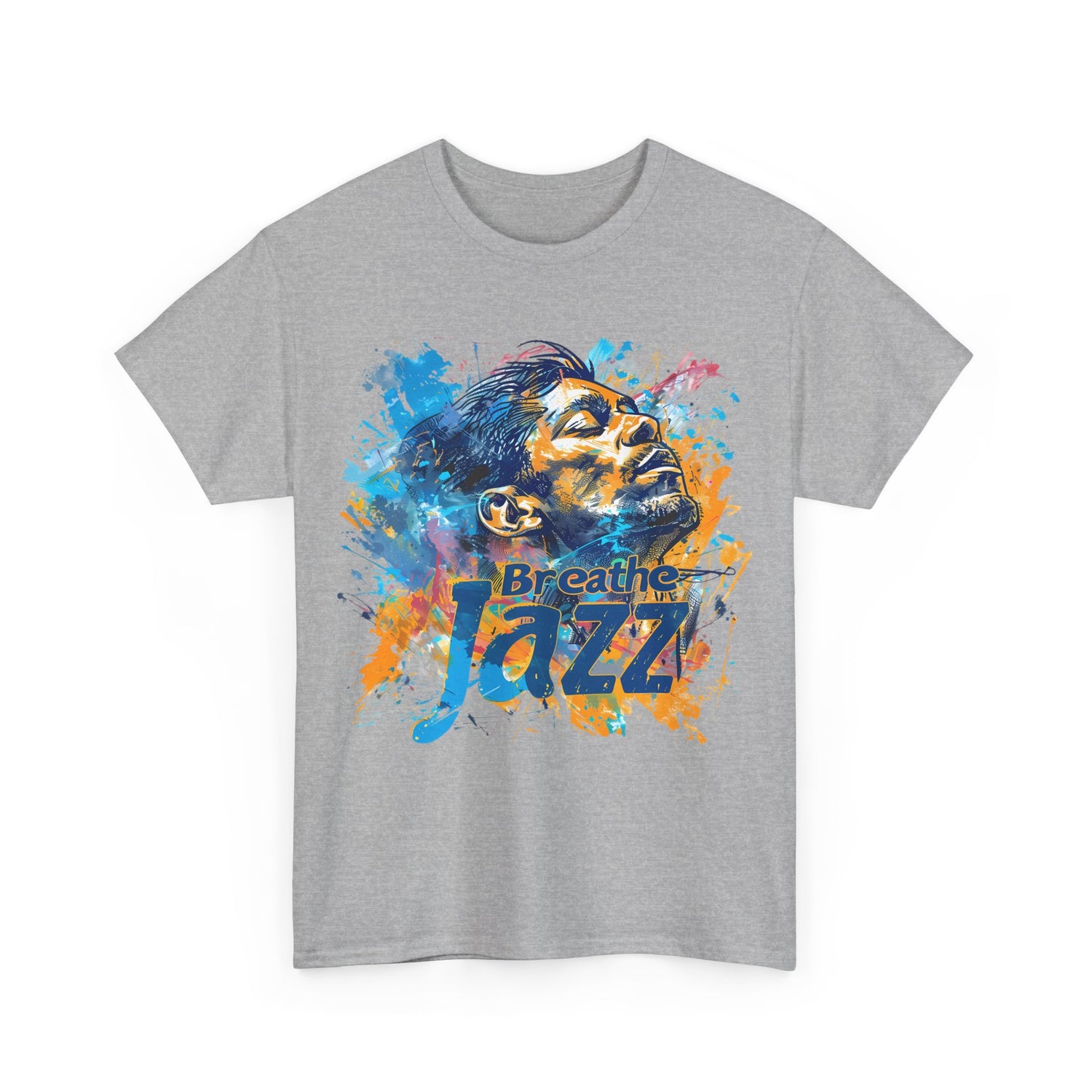 A grey t shirt with a man looking to the sky with the words ‘Breathe Jazz’ embossed in the  design